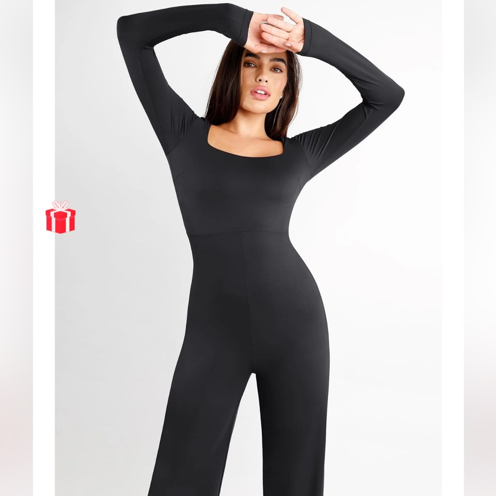 Popilush The Shapewear Jumpsuit Square Neck Wide-Leg Long Sleeve
